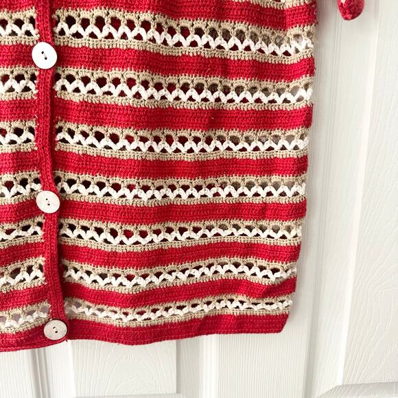 Catherine Stewart Belle Pointe Red Beige Stripe Open Hand Knit Vintage Cardigan - Picture 6 of 9